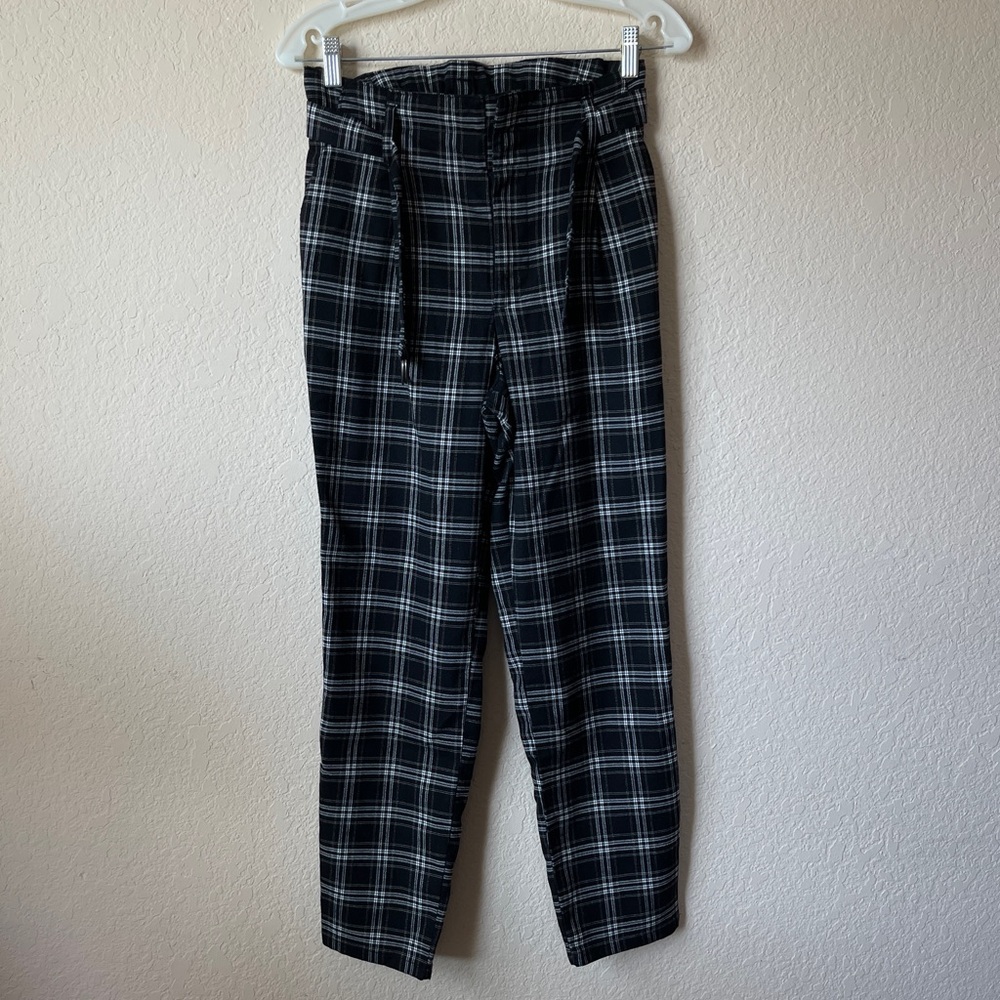 Hollister Ultra High Rise Black Plaid Paper Bag Pants & Belt w/ Pockets Size XS